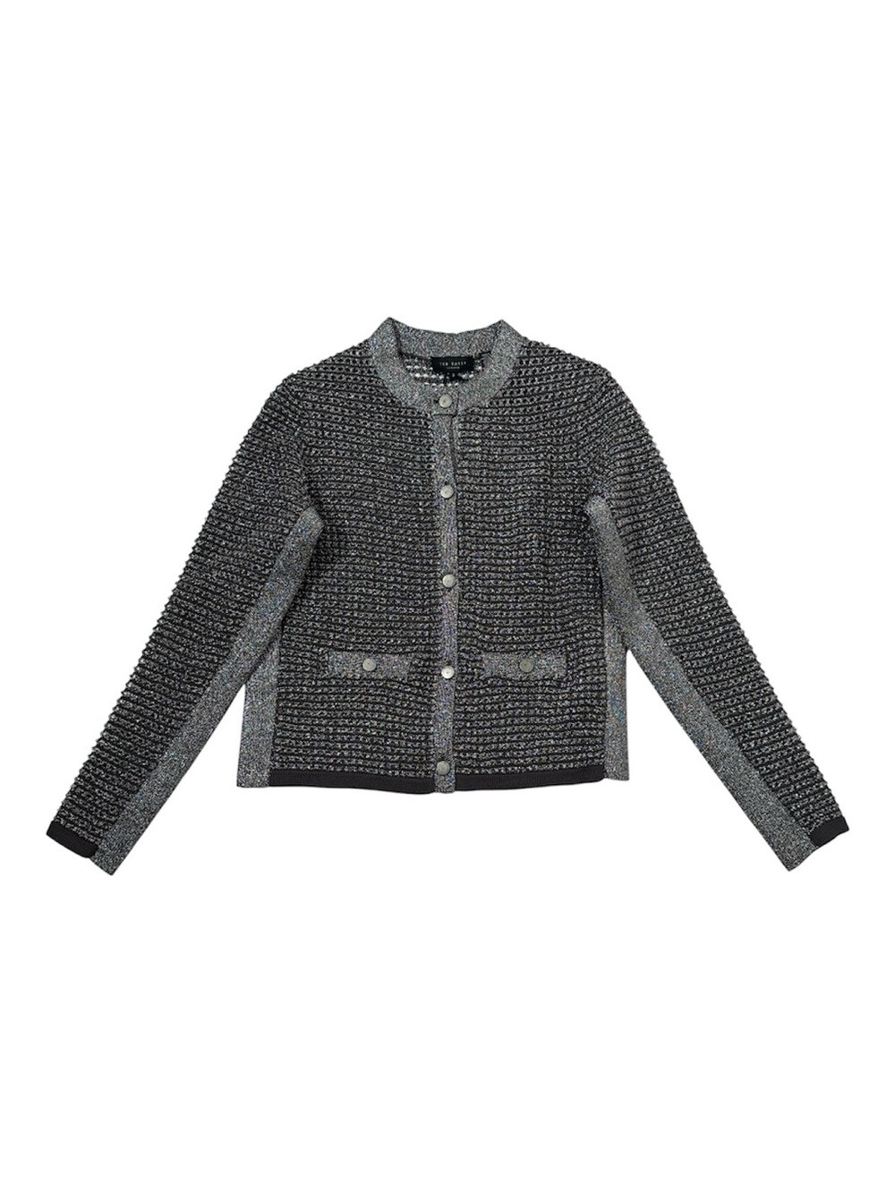 Ted Baker Open Knit Cardigan Sallyan Metallic Sweater Silver Gray Sheer SZ Small